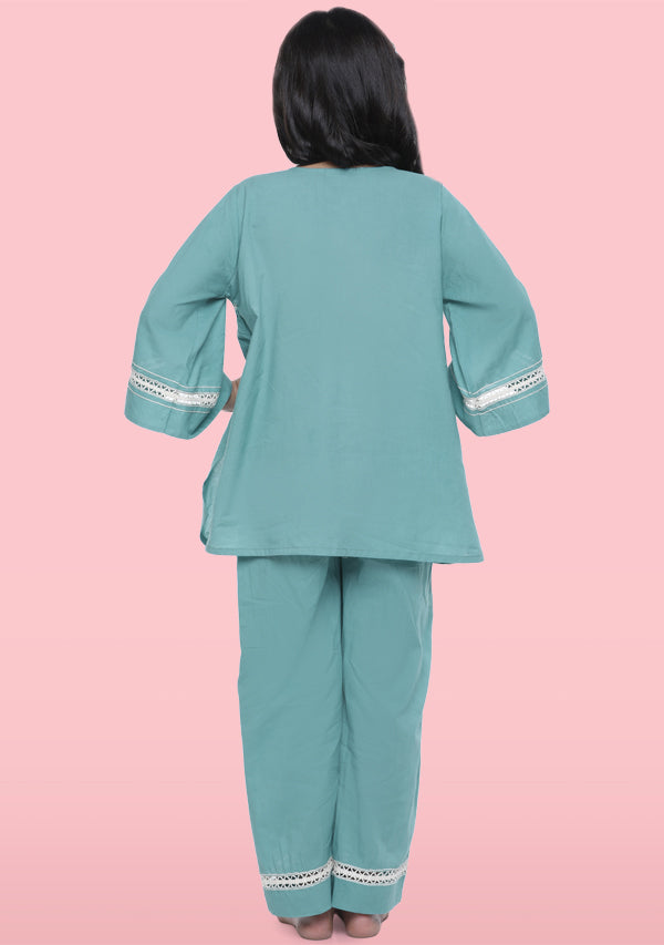 Sapphire Blue Cotton Night Suit With Lace Trimmings For Kids - unidra.myshopify.com