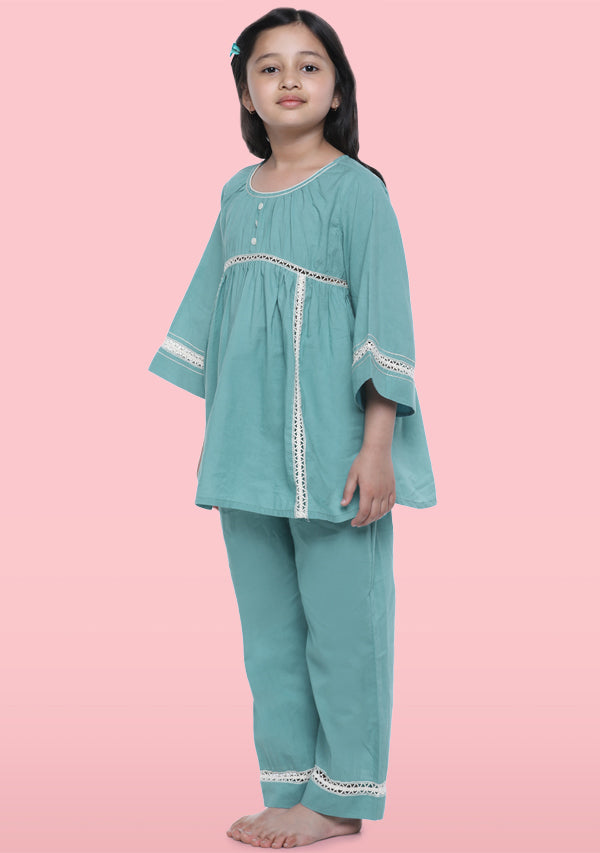 Sapphire Blue Cotton Night Suit With Lace Trimmings For Kids - unidra.myshopify.com
