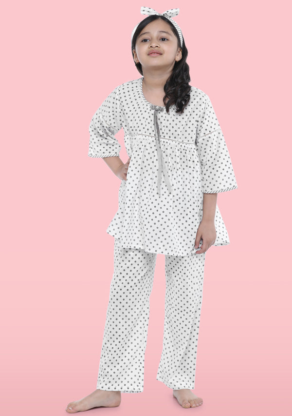 Ivory Grey Polka Dot Motif Hand Block Printed Cotton Night Suit With Hair Band For Kids - unidra.myshopify.com
