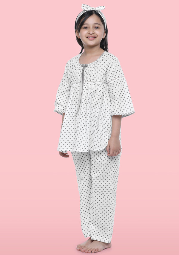 Ivory Grey Polka Dot Motif Hand Block Printed Cotton Night Suit With H