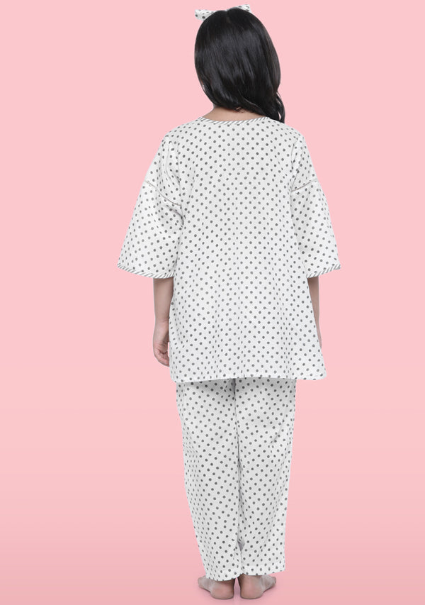 Ivory Grey Polka Dot Motif Hand Block Printed Cotton Night Suit With Hair Band For Kids - unidra.myshopify.com