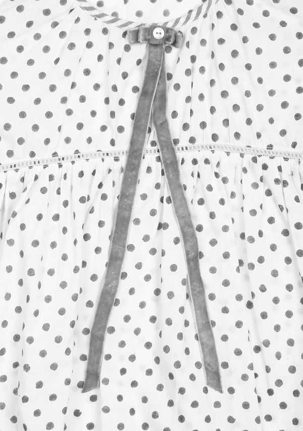 Ivory Grey Polka Dot Motif Hand Block Printed Cotton Night Suit With Hair Band For Kids - unidra.myshopify.com