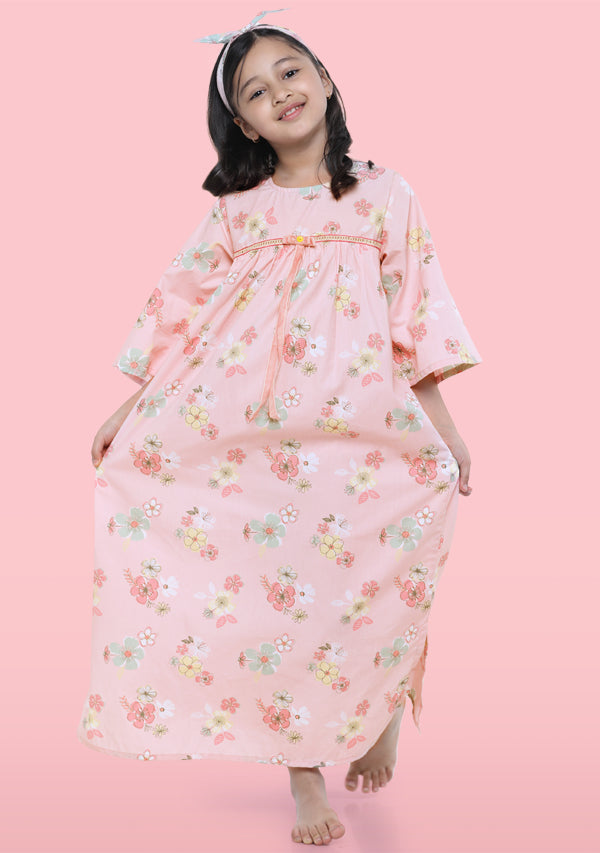 Pink Yellow Flower Motif Cotton Nighty Dress With Trimmings And Hair Band For Kids - unidra.myshopify.com