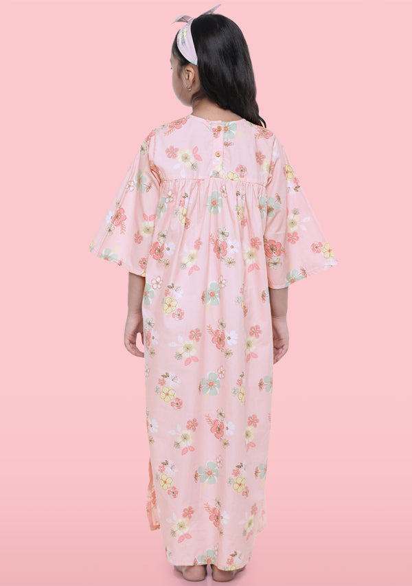 Pink Yellow Flower Motif Cotton Nighty Dress With Trimmings And Hair Band For Kids - unidra.myshopify.com