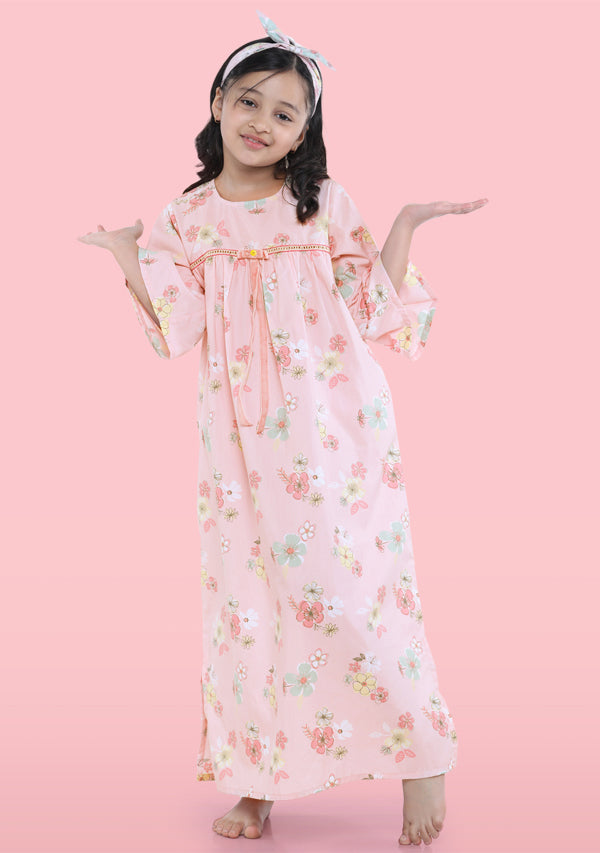 Pink Yellow Flower Motif Cotton Nighty Dress With Trimmings And Hair Band For Kids - unidra.myshopify.com