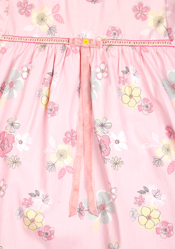 Pink Yellow Flower Motif Cotton Nighty Dress With Trimmings And Hair Band For Kids - unidra.myshopify.com
