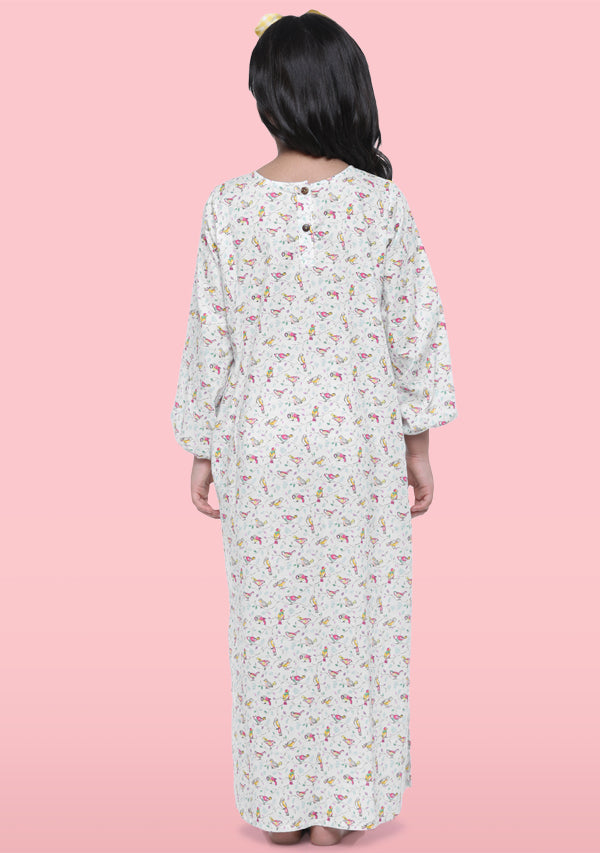 White Yellow Bird Motif Printed Cotton Nighty Dress With Sling Bag For Kids - unidra.myshopify.com