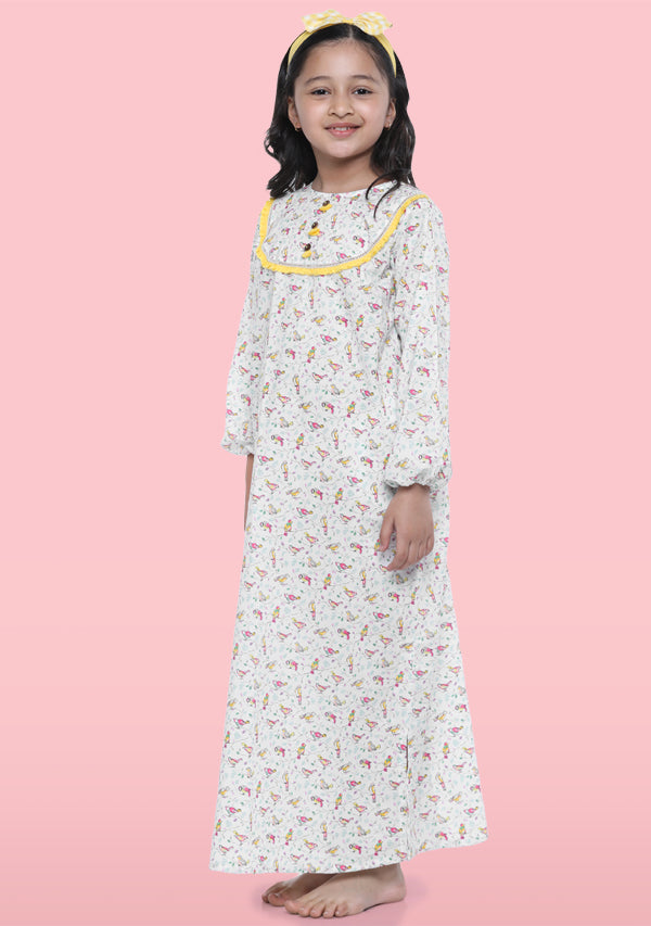 White Yellow Bird Motif Printed Cotton Nighty Dress With Sling Bag For Kids - unidra.myshopify.com