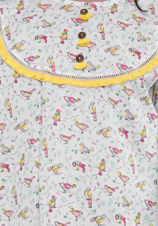 White Yellow Bird Motif Printed Cotton Nighty Dress With Sling Bag For Kids - unidra.myshopify.com