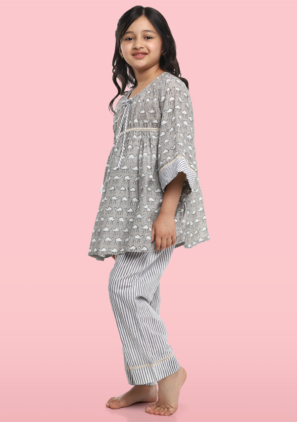 Grey Ivory Camel Motif Hand Block Printed Cotton Night Suit With Lace Trimmings And Bags for Kids - unidra.myshopify.com