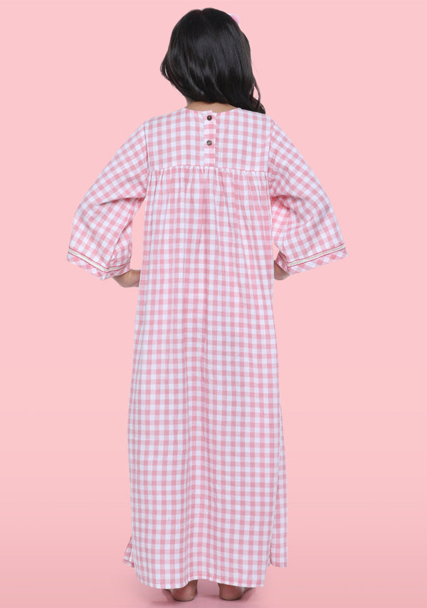 Pink Checked Cotton Nighty Dress With Applique Flowers For Kids - unidra.myshopify.com