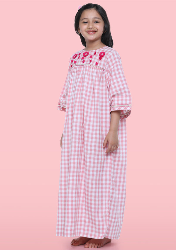 Pink Checked Cotton Nighty Dress With Applique Flowers For Kids - unidra.myshopify.com