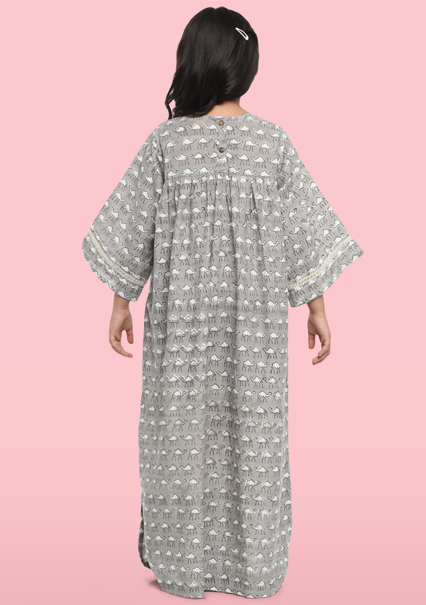 Grey Ivory Camel Motif Hand Block Printed Cotton Nighty Dress With Sling Bags For Kids - unidra.myshopify.com