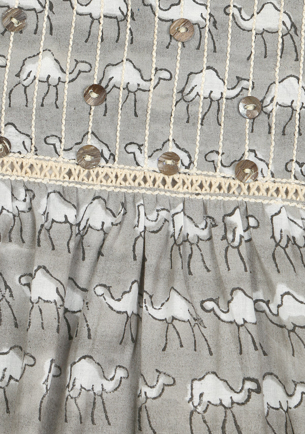 Grey Ivory Camel Motif Hand Block Printed Cotton Nighty Dress With Sling Bags For Kids - unidra.myshopify.com