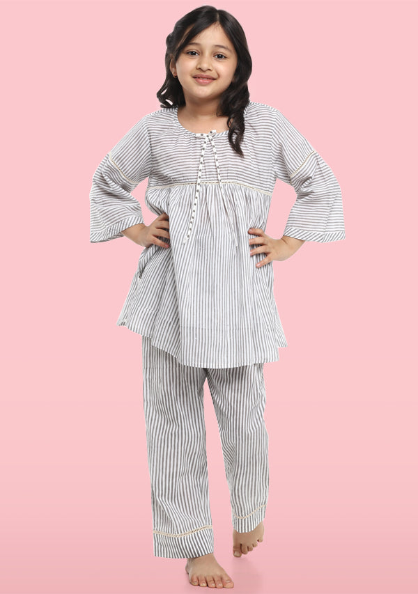 Ivory Grey Hand Block Printed Striped Cotton Night Suit with Lace Trim