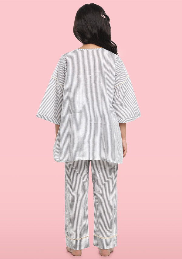 Ivory Grey Hand Block Printed Striped Cotton Night Suit with Lace Trimmings for Kids - unidra.myshopify.com