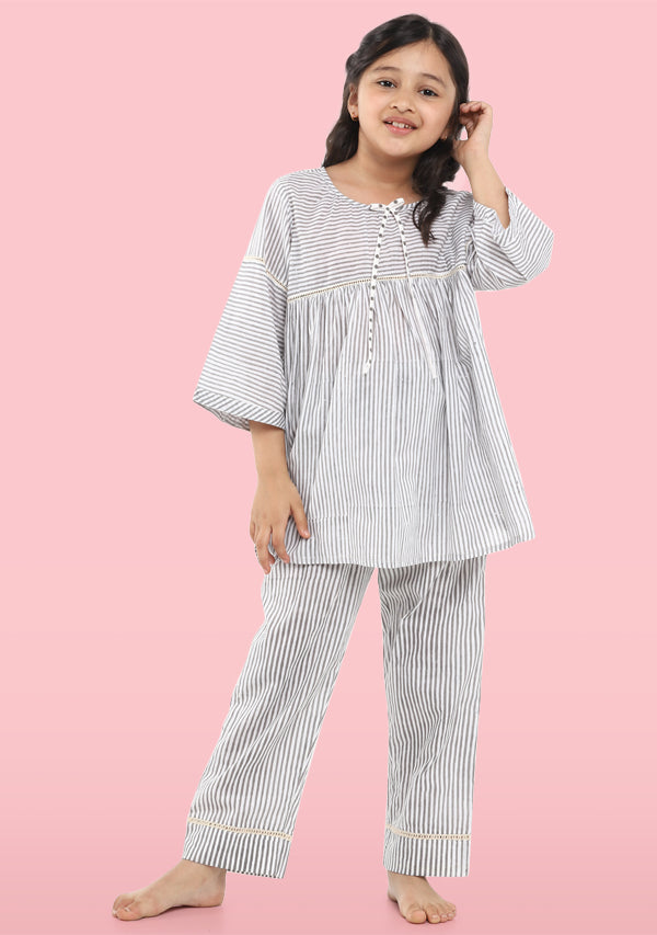 Ivory Grey Hand Block Printed Striped Cotton Night Suit with Lace Trimmings for Kids - unidra.myshopify.com