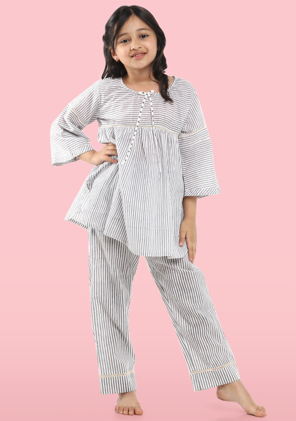 Ivory Grey Hand Block Printed Striped Cotton Night Suit with Lace Trimmings for Kids - unidra.myshopify.com