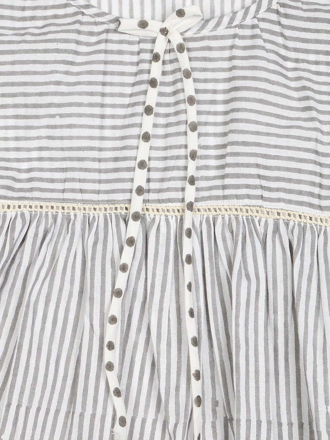 Ivory Grey Hand Block Printed Striped Cotton Night Suit with Lace Trimmings for Kids - unidra.myshopify.com