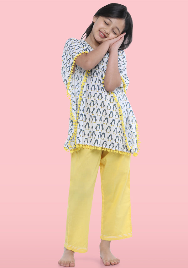 Ivory Yellow Penguin Motif Hand Block Printed Kaftan Set with Yellow Tassels - unidra.myshopify.com