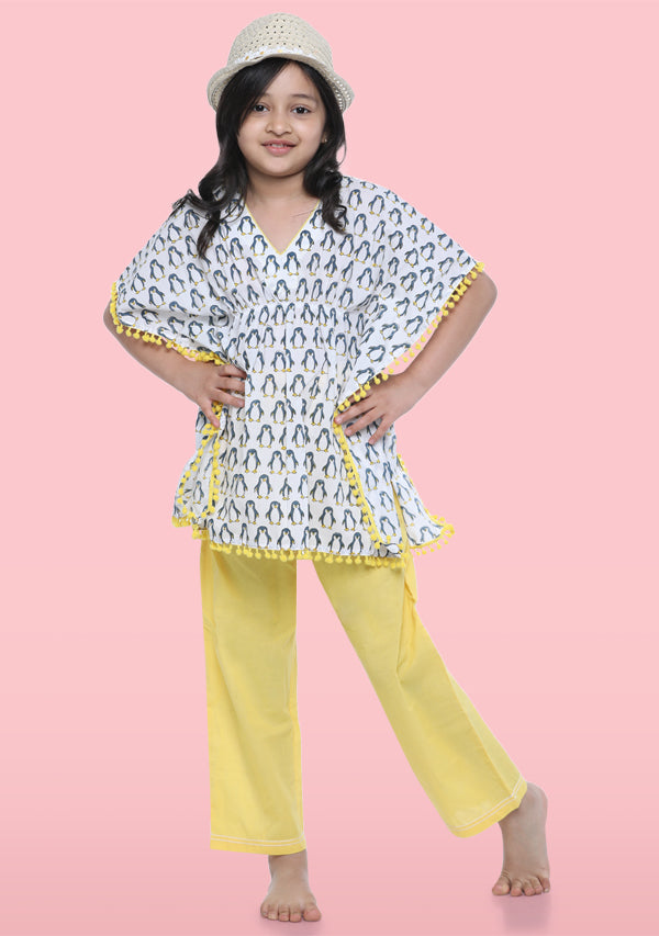 Ivory Yellow Penguin Motif Hand Block Printed Kaftan Set with Yellow Tassels - unidra.myshopify.com