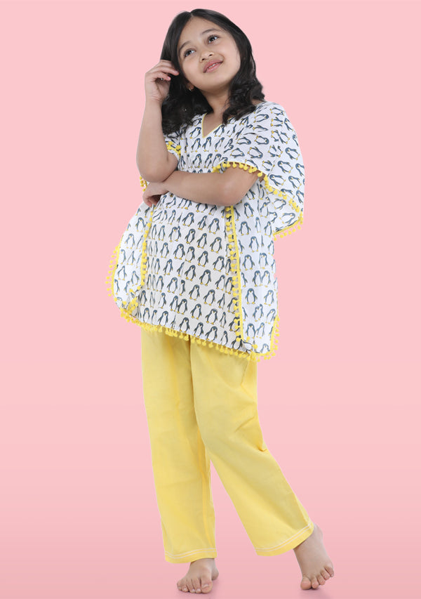 Ivory Yellow Penguin Motif Hand Block Printed Kaftan Set with Yellow Tassels - unidra.myshopify.com