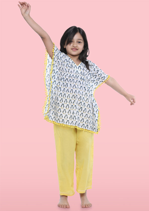 Ivory Yellow Penguin Motif Hand Block Printed Kaftan Set with Yellow Tassels - unidra.myshopify.com