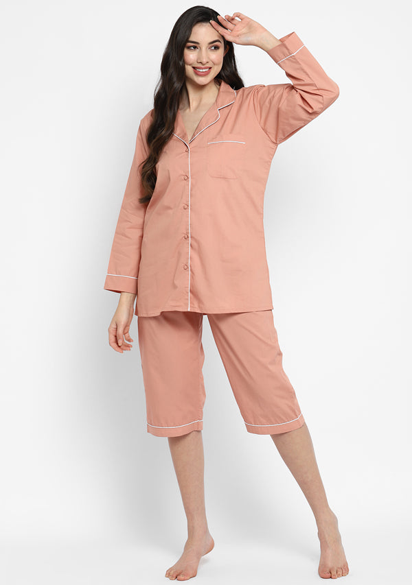 Peach Collared long Sleeve Cotton Night Suit paired with Capris