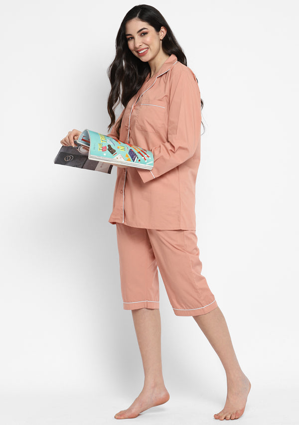 Peach Collared long Sleeve Cotton Night Suit paired with Capris