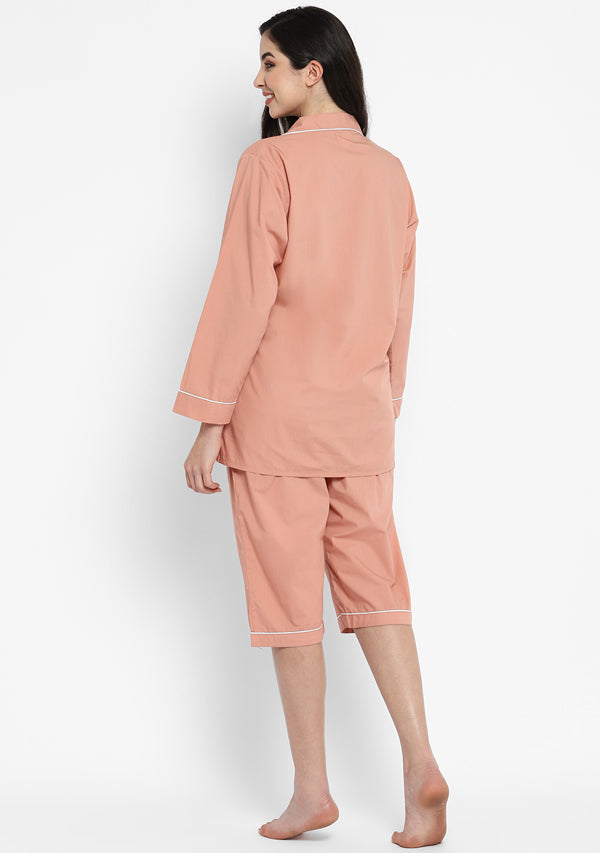 Peach Collared long Sleeve Cotton Night Suit paired with Capris