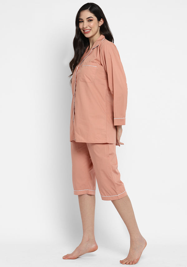 Peach Collared long Sleeve Cotton Night Suit paired with Capris
