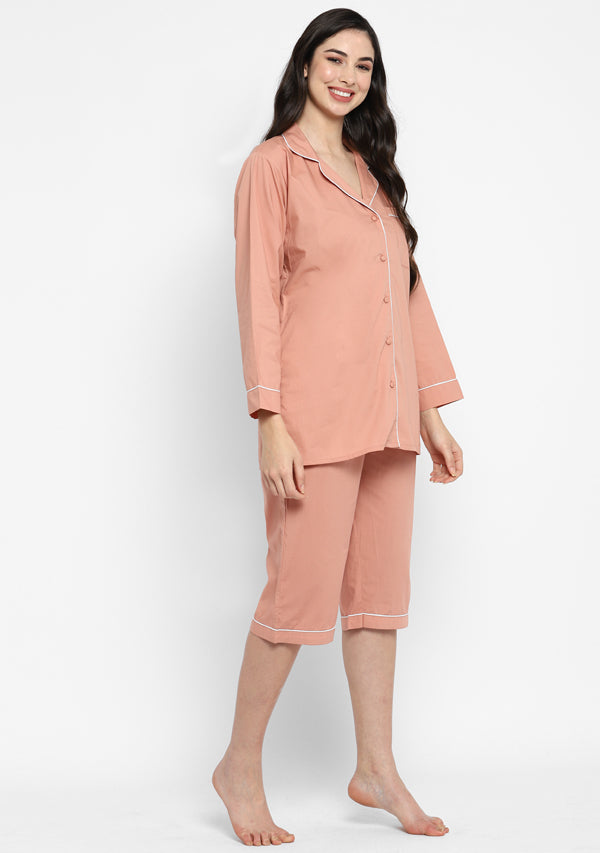 Peach Collared long Sleeve Cotton Night Suit paired with Capris