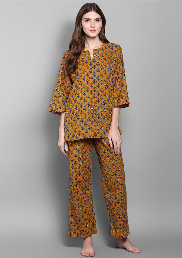 Mustard Orange Flower Motif Hand Block Printed Cotton Night Suit - unidra.myshopify.com