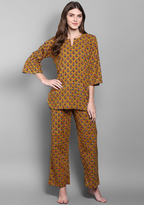 Mustard Orange Flower Motif Hand Block Printed Cotton Night Suit - unidra.myshopify.com