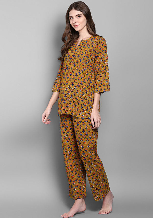 Mustard Orange Flower Motif Hand Block Printed Cotton Night Suit - unidra.myshopify.com