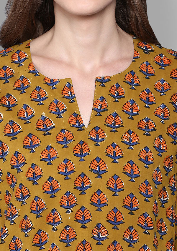 Mustard Orange Flower Motif Hand Block Printed Cotton Night Suit - unidra.myshopify.com