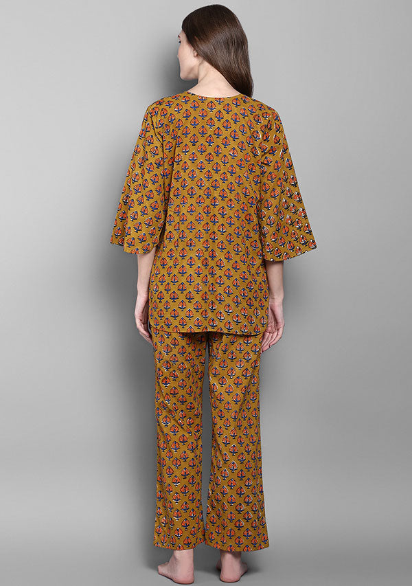 Mustard Orange Flower Motif Hand Block Printed Cotton Night Suit - unidra.myshopify.com
