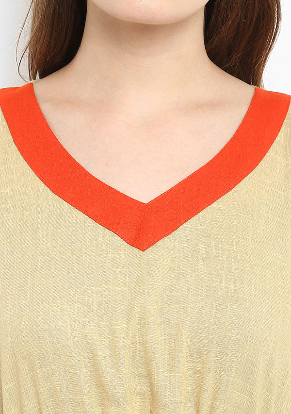 Beige Orange Tie-Up Waist Cotton Kaftan with Embroidery - unidra.myshopify.com