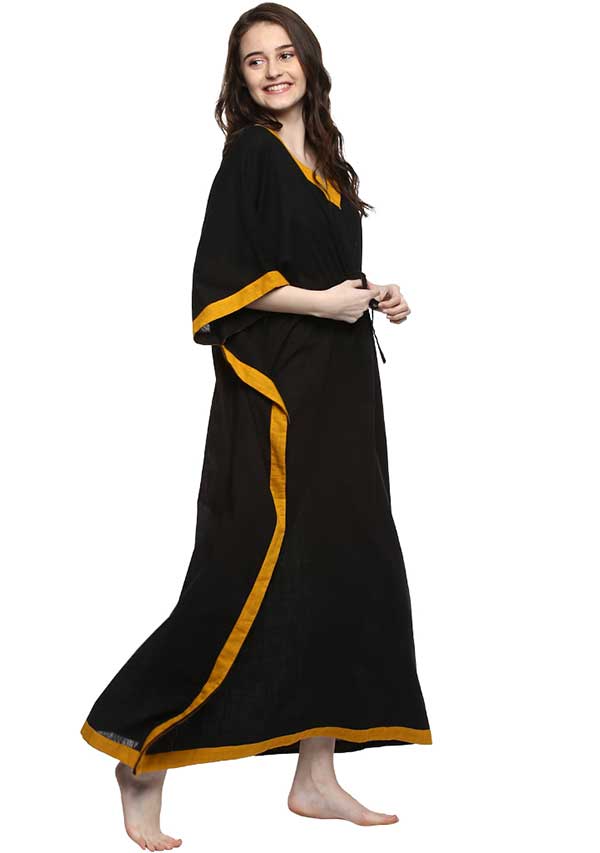 Black Mustard Tie-Up Waist Cotton Kaftan - unidra.myshopify.com