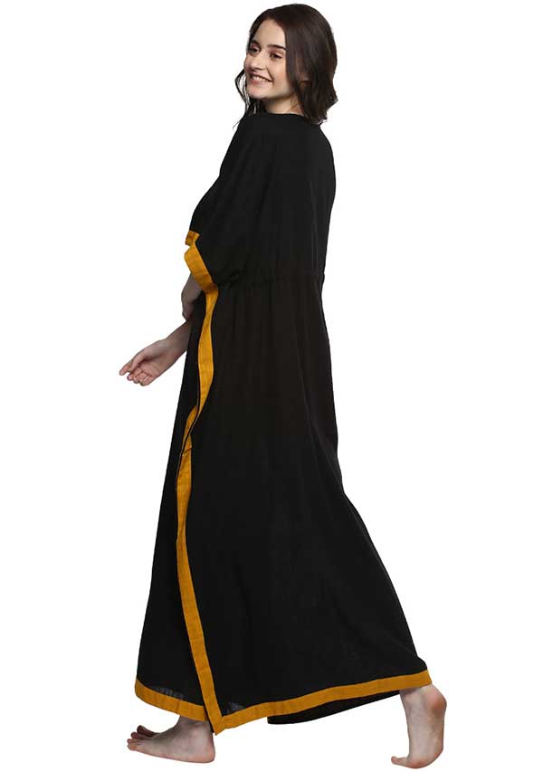 Black Mustard Tie-Up Waist Cotton Kaftan - unidra.myshopify.com
