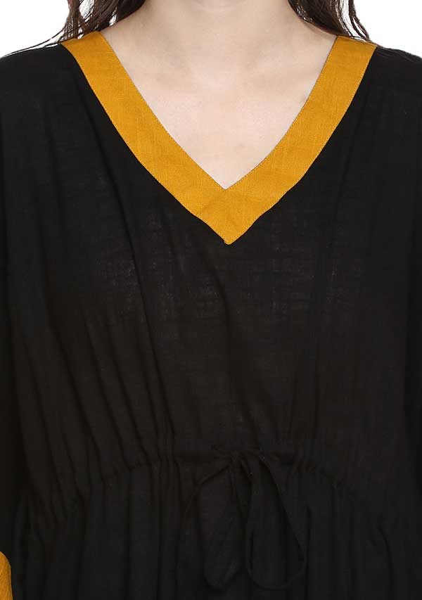 Black Mustard Tie-Up Waist Cotton Kaftan - unidra.myshopify.com