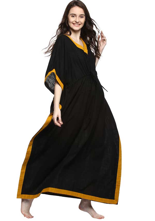 Black Mustard Tie-Up Waist Cotton Kaftan - unidra.myshopify.com