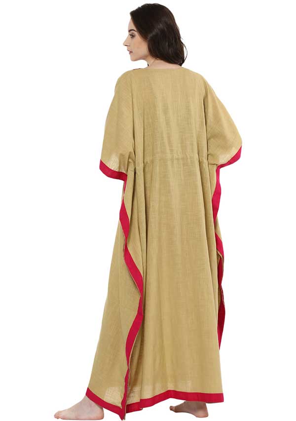 Beige Fuchsia Tie-Up Waist Cotton Kaftan - unidra.myshopify.com