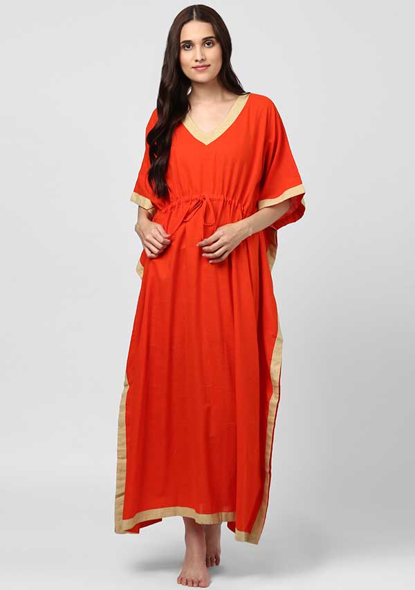 Orange Beige Tie-Up Waist Cotton Kaftan - unidra.myshopify.com