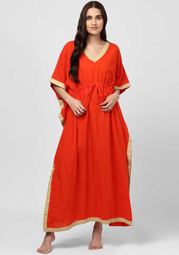 Orange Beige Tie-Up Waist Cotton Kaftan - unidra.myshopify.com
