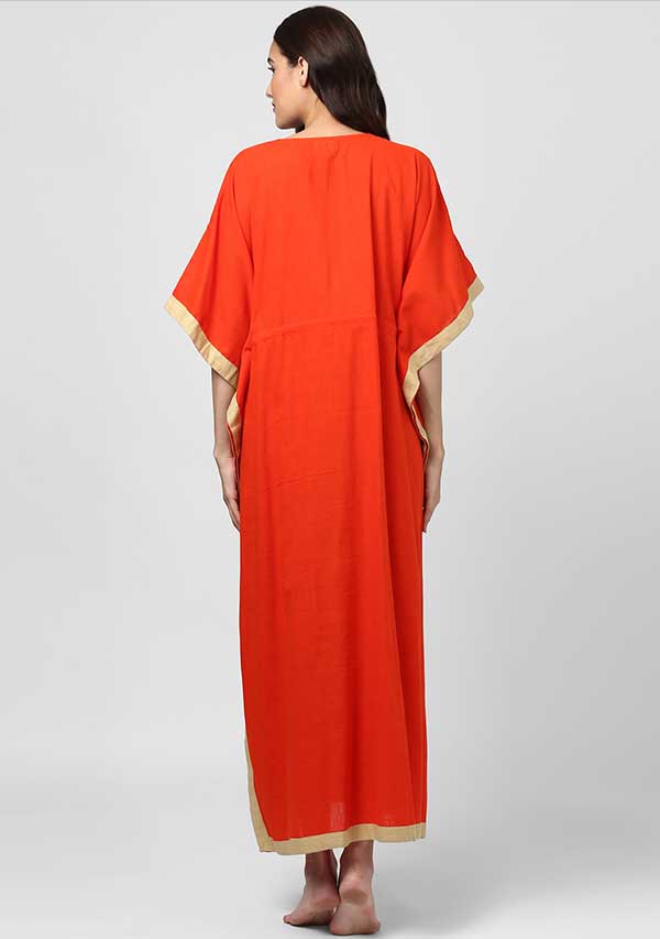 Orange Beige Tie-Up Waist Cotton Kaftan - unidra.myshopify.com