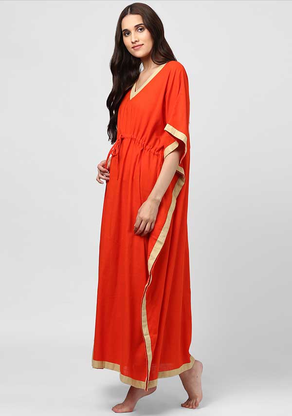 Orange Beige Tie-Up Waist Cotton Kaftan - unidra.myshopify.com
