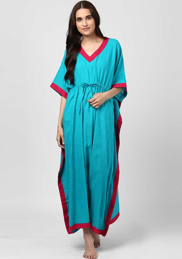 Blue Fuchsia V-Neck Cotton Kaftan - Main Image
