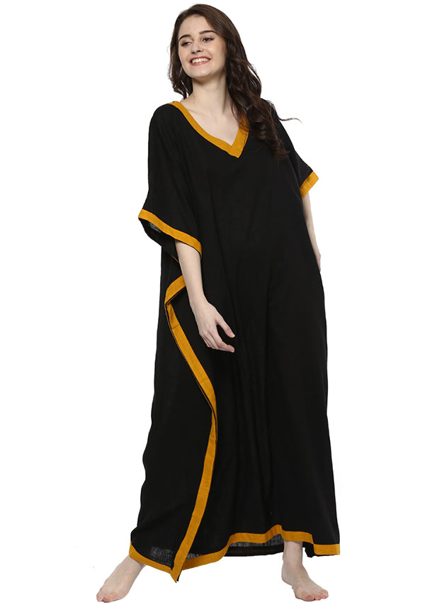 Black Mustard V-Neck Cotton Kaftan