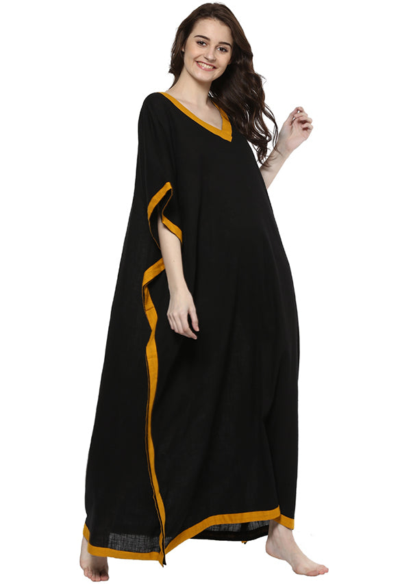 Black Mustard V-Neck Cotton Kaftan